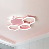 Baby Room Ceiling Light: Kids Honeycomb Iron Led Flushmount - Pink/Black Warm/White Light
