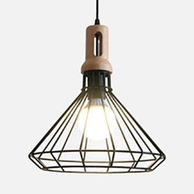Antique Metal Wire Cage Pendant Lamp With Cone Shade For Living Room Black /
