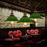 Industrial Brass Pendant Lighting With 3 Flared Green Glass Shades