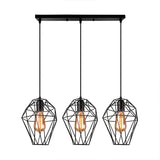 Vintage Geometric Pendant Lamp With Metallic Black Cage Shade And 3-Bulb Suspension For Ceiling