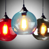Industrial Globe Pendant Light - 8/10 Wide Grey/Red/Blue Glass Black Hanging Lamp