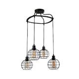 Vintage Black Wire Cage Ceiling Light With Globe Shade - 3/4/5 Heads Metal Suspended Lamp