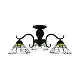 Black Tiffany Style Stained Glass Ceiling Light - 3-Light Flush Mount For Bedroom