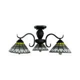 Black Tiffany Style Stained Glass Ceiling Light - 3-Light Flush Mount For Bedroom