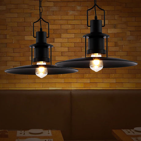 Industrial Metal Pendant Light - Flat Cone Shade 1 Black 16 Width Perfect For Dining Room Hanging