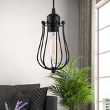 Retro Style 1-Light Pendant Lamp With Bulb Cage Shade Metallic Hanging Light In Black For Living
