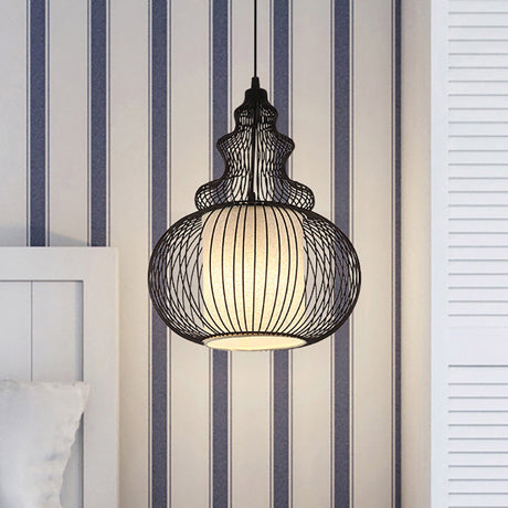 Vintage Style Black Metal Pendant Lamp With Gourd Cage And Adjustable Cord For Bedroom