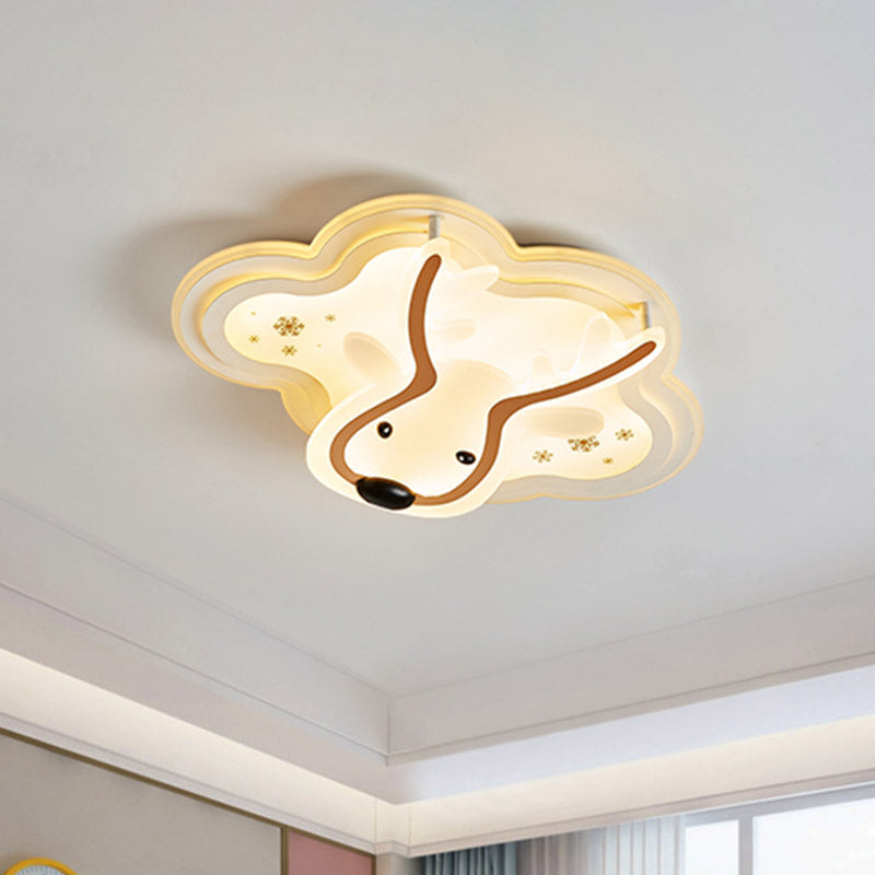 Kids Led Flush Ceiling Light - Deer Patterned Cloud Acrylic Bedroom Lamp In White