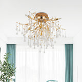 Cascade Bedroom Traditional Crystal 10-Head Semi Flush Ceiling Lamp - Gold