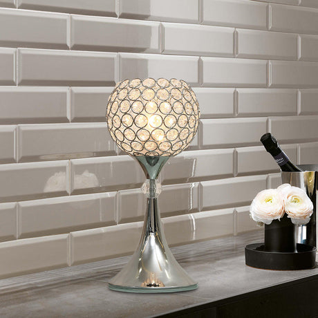 Silver Curved Crystal-Infused Table Light With Globe Lampshade - Lounge Night Lamp