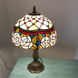 Baroque Bronze Table Lamp With Beaded Roseborder Stained Glass Shade Single Nightstand Light For