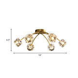 Cubic Restaurant Semi Flush Light With Clear Crystal Block - 6-Light Brass Mount