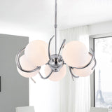 Sleek 5-Light Cream Glass Spherical Pendant Chandelier With Chrome Twisted Hanging Kit