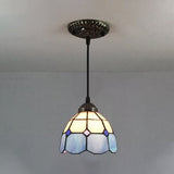 Tiffany-Style Handcrafted Stained Glass Ceiling Pendant: Flower Design In Yellow Light Blue And Dark