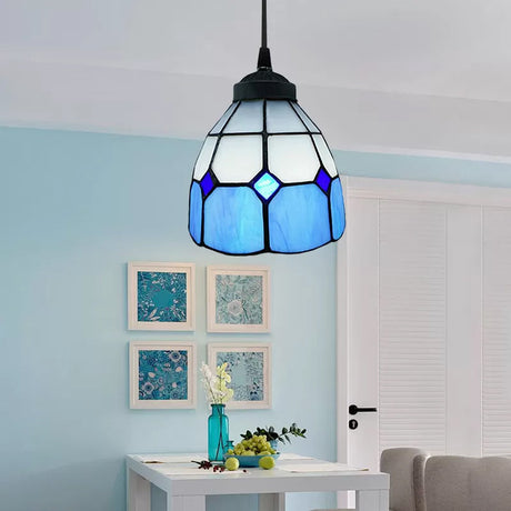 Tiffany-Style Handcrafted Stained Glass Ceiling Pendant: Flower Design In Yellow Light Blue And Dark