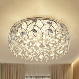 Romantic Chrome Flush Mount Light With Leaf & Crystal Bead Ceiling Fixture For Bedroom