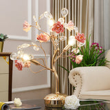 Modern Crystal Night Light Table Lamp In Pink With Branching Floral Design And 3 Bulbs