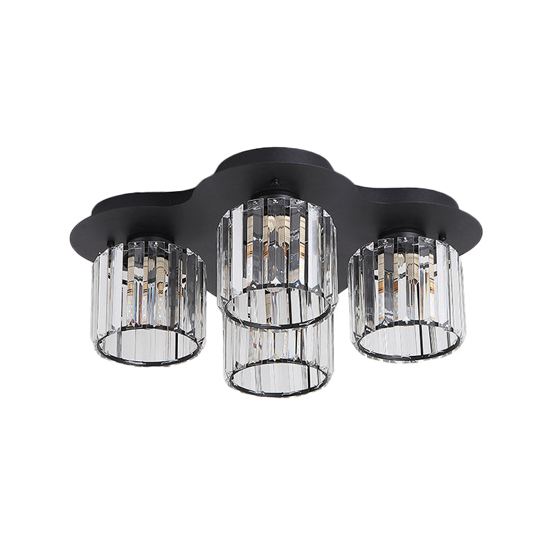 4-Head Crystal Block Flush Ceiling Light Fixture In Black/Gold - Simple Cylinder Design