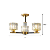 Crystal Block Ceiling Light With 3/6 Semi-Mounted Cylinder Lights In Black And Gold