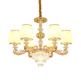 Modern Milk Glass Arm Chandelier With 6 Gold Crystal Bulbs - Elegant Bedroom Hanging Light
