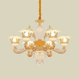 Modern Crystal Chandelier With Carved Frosted Glass Shade - 6 Bulbs Gold Pendant For Bedroom