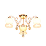 Simplicity Cream Glass Dining Room Ceiling Light With Gold Crystal Semi Flush - 4 Heads