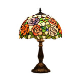 Tiffany Rose Blossom Cut Glass Table Lamp - Bronze Finish With Gemstone Accents