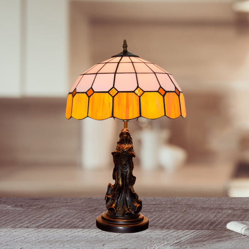 Vintage Resin Bronze Angel Girl Table Lamp With Orange And White Grid Glass Shade - Night Stand