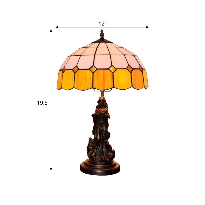 Vintage Resin Bronze Angel Girl Table Lamp With Orange And White Grid Glass Shade - Night Stand