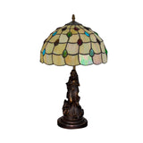 Grid Night Light 1-Light Tiffany Table Lamp With Angel Decor - Cabochon-Embellished White/Beige