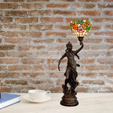 Tiffany Resin Torchiere Table Lamp With Floral Glass Shade - Bronze Nightstand Light