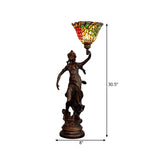 Bronze Angel Statue Night Stand Light - White-Green/Orange/Green Floral Glass Tiffany Table Lighting