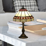 Bronze Mission Conical Stained Art Glass Night Table Lamp With 1 Light & Diamond Pattern