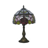 Bronze Domed Task Lighting - Mediterranean Art Glass Table Lamp With Rose And Dragonfly Pattern