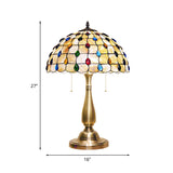 Tiffany Shell Grid Table Lamp - Jewel-Embedded | Gold Pull Chain Bedroom Nightstand Light With 2