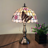 Shell Gridded Bowl Night Light Tiffany Table Lamp With Butterfly-Flower Pattern - Brushed Brass