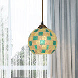 Tiffany Checkered Globe Pendant Lamp - Single Green & White Glass Hanging Light
