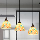 Tiffany-Style Bell Shaped Mosaic Tile Shell Drop Lamp - 3 Bulb Bronze Pendant Light With Rounded