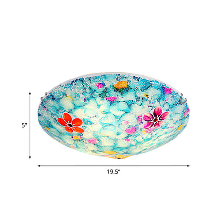 Hand-Cut Blue Glass Tiffany Flower Bowl Flush Light Fixture - 16 Or 19.5 Wide With 3 4 Lights Close