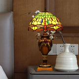 Victorian Stained Art Glass Desk Lamp - 1 Head Dragonfly Pattern Night Table Light In Blue/Green