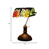 Baroque Rose Stained Glass Table Lamp: Elegant Night Lighting With Pull Chain - Dark Brown