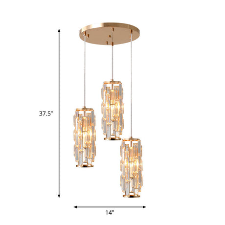 3-Head Multi Light Pendant With Crystal Shade - Modern Gold Bedroom Hanging Lamp