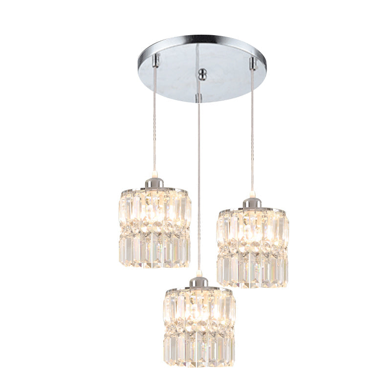 Simple K9 Crystal Column Pendant - 3 Bulbs Chrome Suspension Lamp For Dining Room
