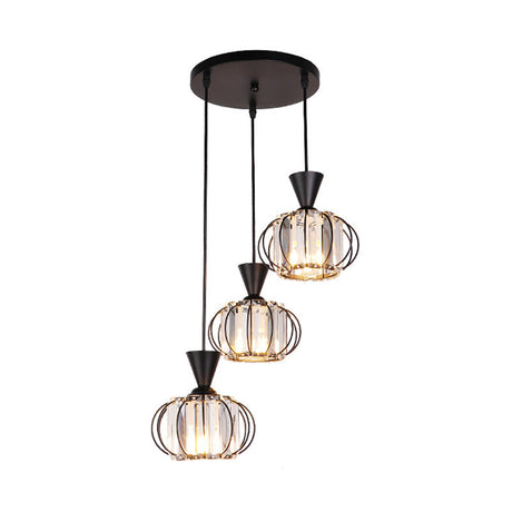Modern Iron Ellipse Cage Ceiling Lamp With Crystal Prisms - 3-Bulb Black Finish Pendant