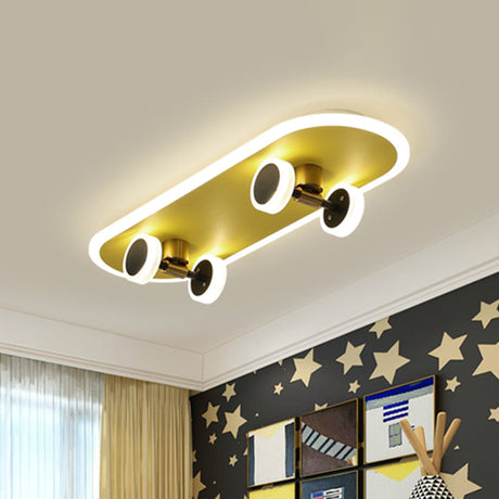 Kids Led Gold Skateboard Ceiling Light For Boys Bedroom - Acrylic Flush Mount Fixture
