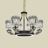 Modern Black Hoop Chandelier With Crystal Prisms Shade - 6 Bulb Living Room Pendant Lighting