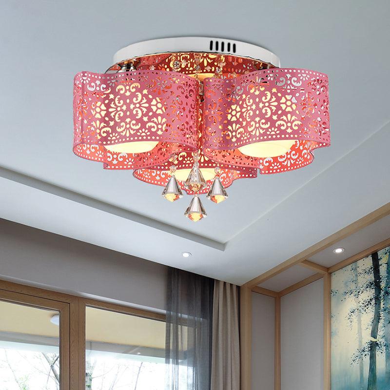 Contemporary Metallic Windmill Flushmount Light With Orb Frosted Glass Shade - Rose Red Finish