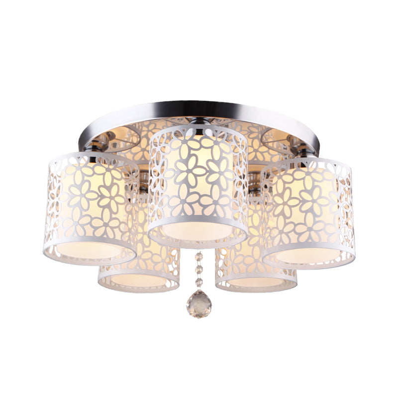 Hollow-Out Cylinder Ceiling Flush Mount With White Finish And Cream Glass Shade - Modern 5-Head