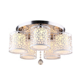 Hollow-Out Cylinder Ceiling Flush Mount With White Finish And Cream Glass Shade - Modern 5-Head