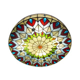 Tiffany Style Stained Glass Ceiling Light With Peacock & Jewel Accents - 3-Light Drum Flush Mount